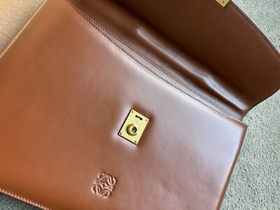 LOEWE Brown Leather Briefcase Document Laptop Bag with Lock & Key