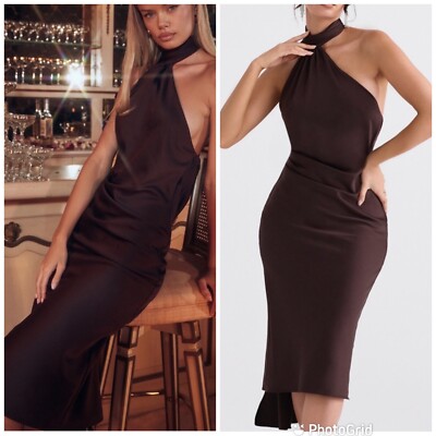 House of CB Angelina Asymmetric Halter Midi Dress in Brown Size XS