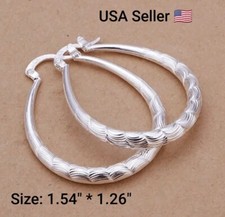 Women’s Silver Plated Oval Etched Hoop Pierced 1-1.5 Inch Earrings New Jewelry 