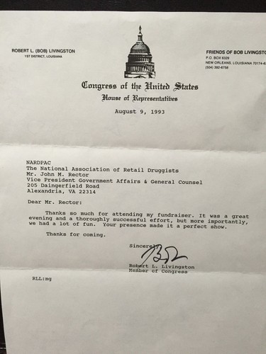 SIGNED TYPED letter from U.S. Rep Bob Livingston (LA) to John Rector ...