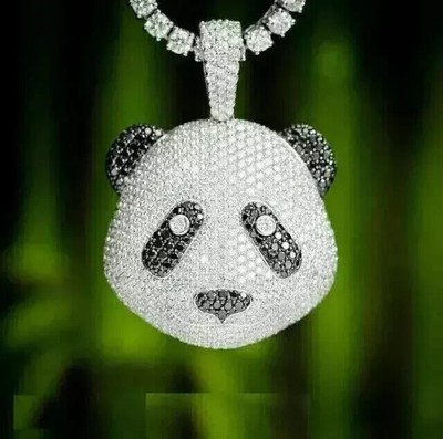 3Ct Round Cut Real Moissanite Panda Cartoon Charm Pendant 14K White Gold Plated
