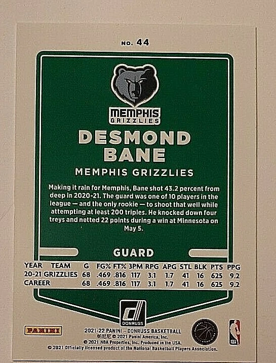 2021-22 Panini Donruss Press Proof Purple #44 Desmond Bane #144/199 Grizzlies - Image 3 of 3