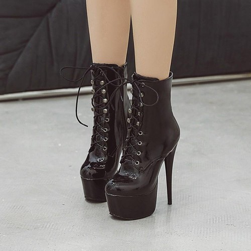 Women High Heels Shiny Leather Ankle Boots Fashion Platform Shoes Party Pumps