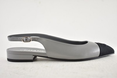 Chanel 24A Gray Leather Black CC Logo Coco Slingback Pointed Toe