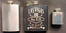 3 vintage hip flasks all stainless LAS VEGAS - a feature bottle & SMALL FLASK.