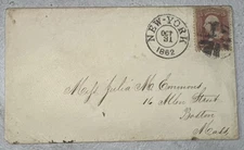 Civil War 1862 Cover – 3¢ Washington Stamp – New York to Boston w/ Full Date PM