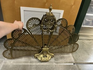Vintage Brass Peacock Fireplace Screen-Collapsable As Is 