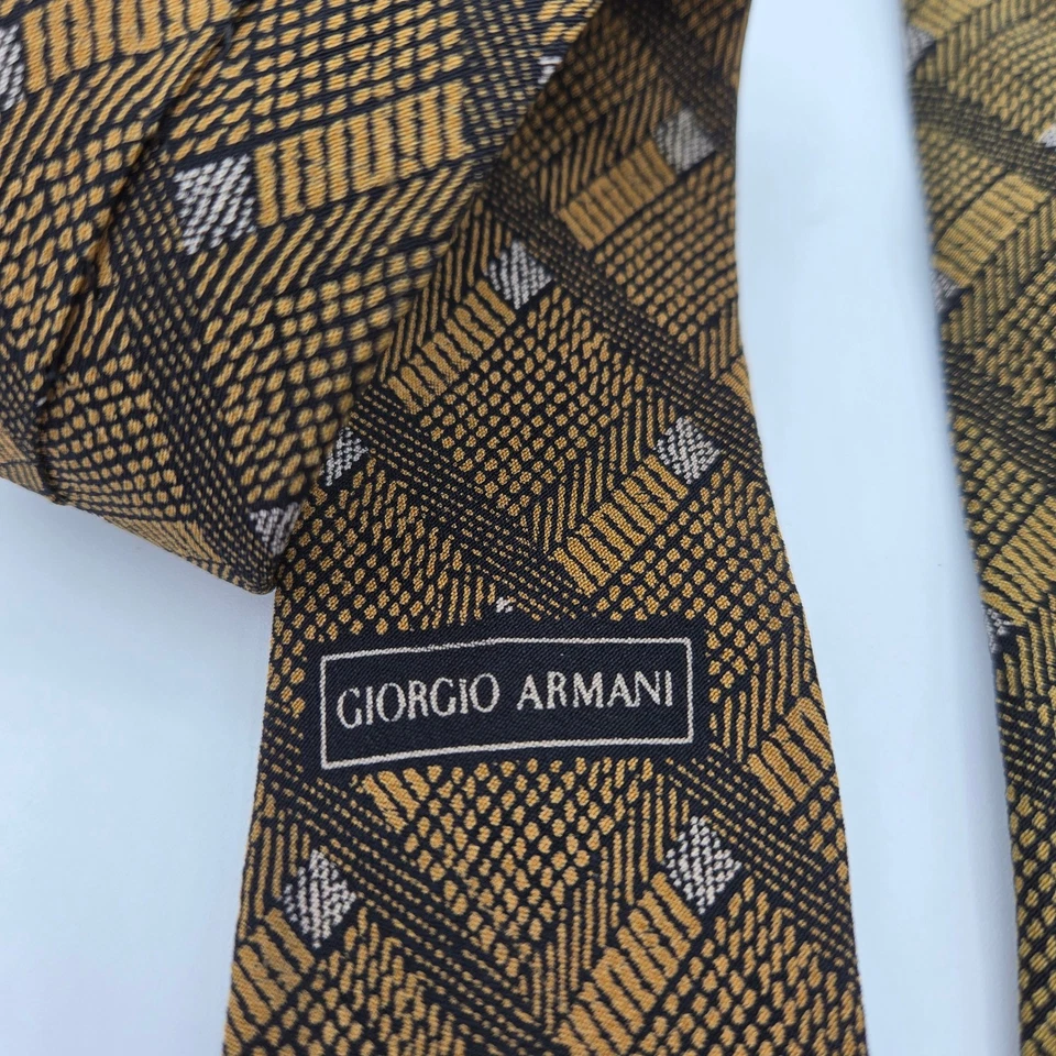 Галстук шелковый Giorgio Armani коричневый золотой клетчатый узор мужской официальный галстук - Изображение 2 из 4