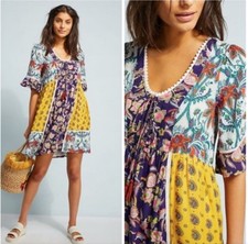 Anthropologie Lilka Dress Size XS Trapeze Multicolor Purple Yellow Patchwork