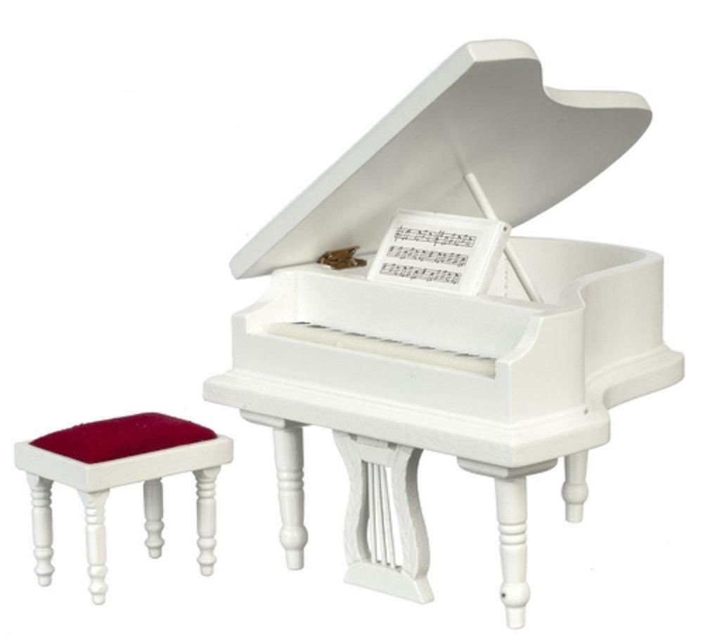 Dolls House White Grand Piano & Bench Stool Miniature Music Room Furniture