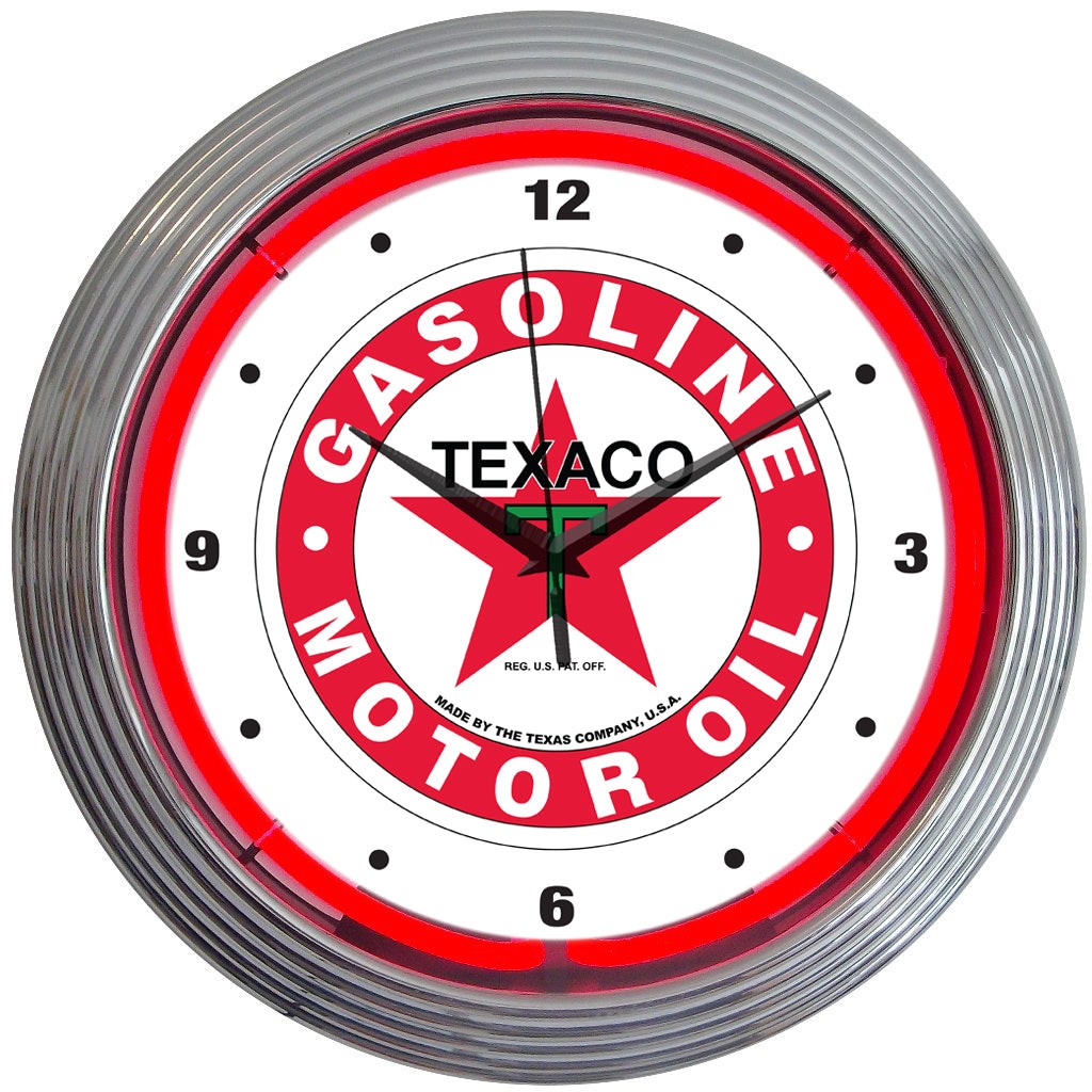 Texaco Gasoline Motor Oil Red Light Up Neon Garage Man Cave Wall Clock