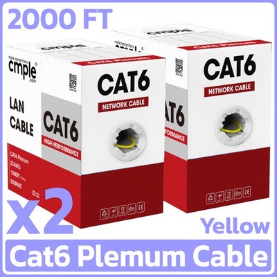 Cat6 Plenum Ethernet Cable 2 Pack 1000FT CMP 23AWG LAN Network Wire Yellow