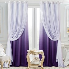 Purple Curtains for Bedroom - Double-Layered White and Lilac Ombre Blackout f...