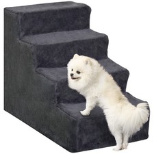 Image of PawHut Four-Step Portable Dog Stairs with Washable Plush Cover, Dark Grey