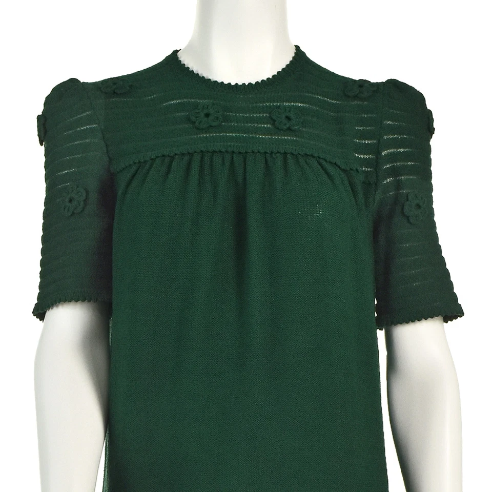 Vestido recto tejido verde bosque vintage ADOLFO con flores de ganchillo TALLA 6-8 mediano Foto 2 de 4