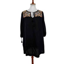 Madewell Womens Embroidered Slit Sleeve Tassel Floral Boho Dress Black M Medium