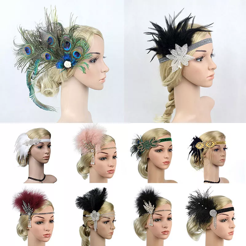 1920s Headband Feather Bridal Great Gatsby 20s Gangster Flapper Headpiece Sequin