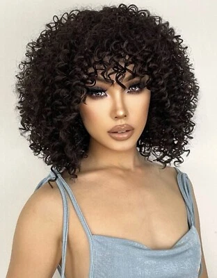 Perruque Synthétique Afro Courte Bouclé Frisé Femme Wig Noir A Frange +4 Bonnet - Photo 1/4
