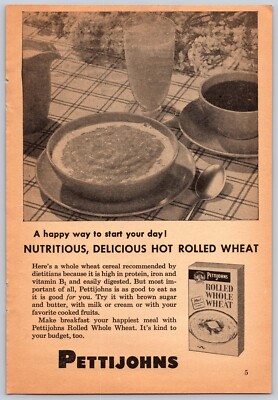 1958 PRINT AD Quaker Pettijohns Hot Rolled Whole Wheat Cereal Protein Iron
