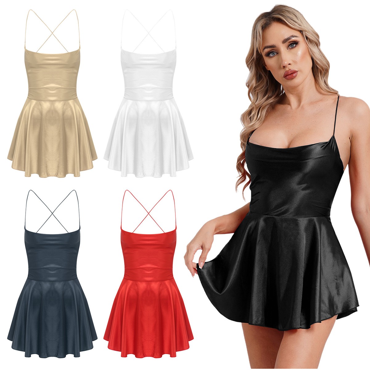 Women's Elegant Satin Mini Dress Spaghetti Straps A-line Dress Party Club  Dress | eBay