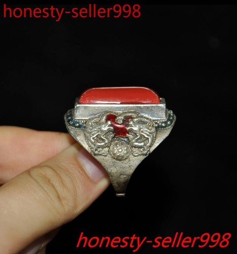 Antica statua anello esorcismo gemma corallo rosso cloisonne argento tibetano Cina - Foto 2 di 5