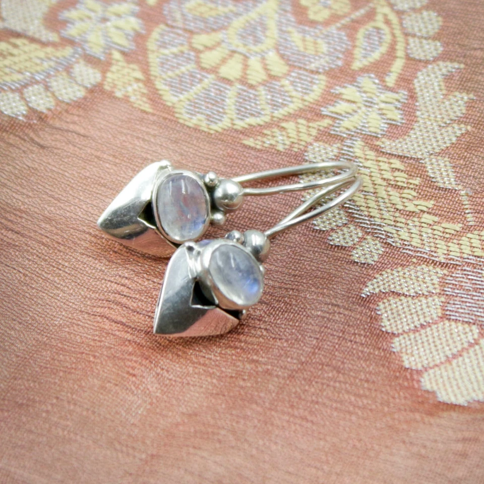 Pietra di Luna Orecchini Pendenti Argento Sterling 925 Bianco Arcobaleno v1 - Immagine 3 di 4