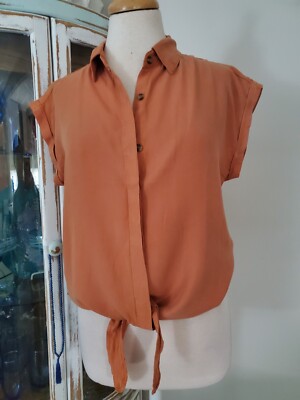 Keep In Touch Rust Burnt Orange Button Down Tie Blouse Sm urban anthropologie 