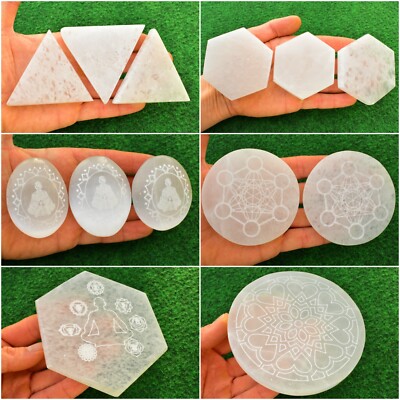 Selenit Kristall graviert Aufladung Reinigungsscheibe Heilige Geometrie schneller Versand