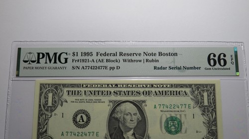 $1 1995 Radar Serial Number Federal Reserve Currency Bank Note Bill PMG UNC66EPQ - Picture 2 of 3