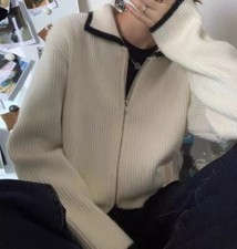 Lamb Wool Polo Neck Zip Through Cardigan, Knitted Contrast Color Trim Cardigan