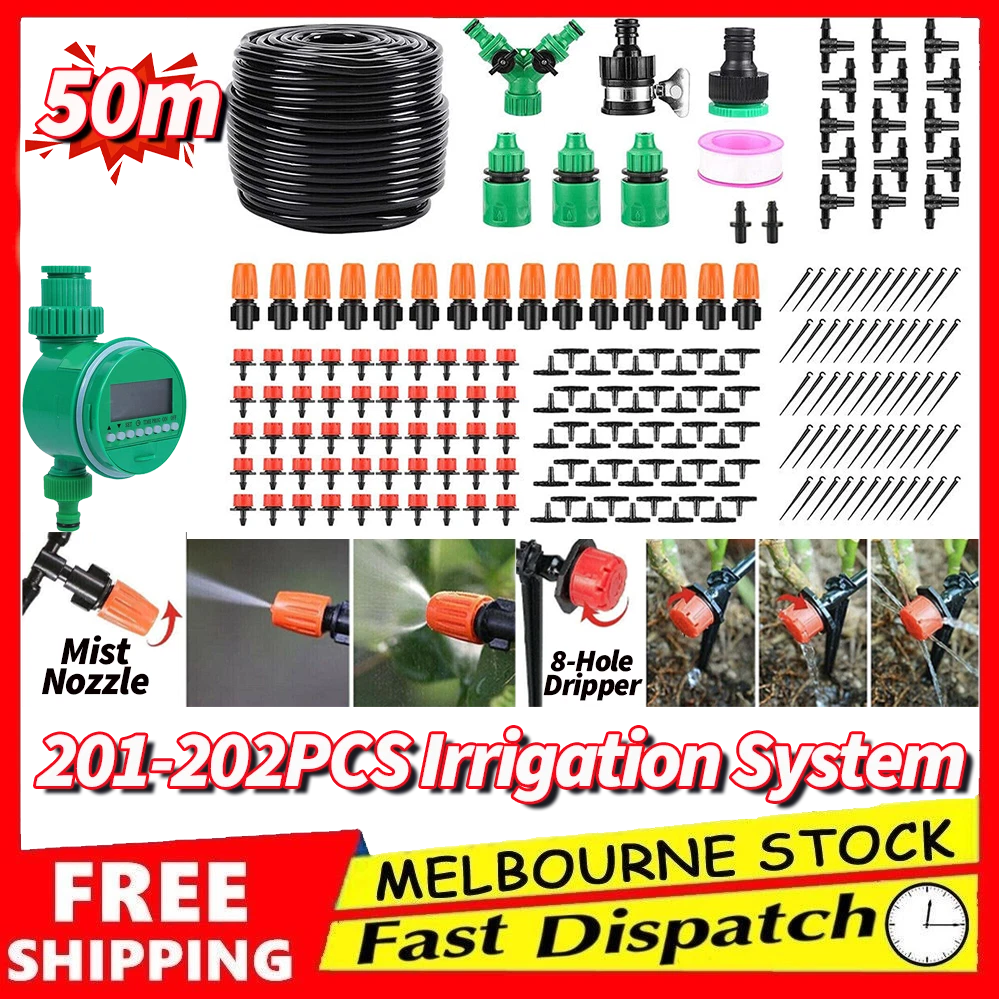 201/202PCS 50M Hose Garden Irrigation System Plant Watering Micro Drip Kit Timer - Picture 1 of 16