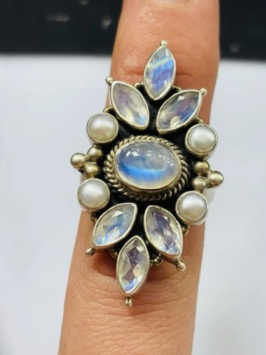 Big vintage Doug Paulus India silver ring with moonstone and pearls UK size N/O