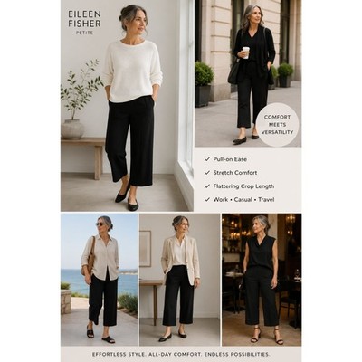 Eileen Fisher Petite Pull On Crop Pants PS Black Stretch Career Casual