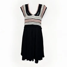 ZARA Boho Crochet Knit Swing Dress L Black Pleated Skirt V Neck Festival Resort