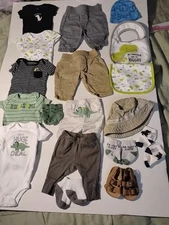 LOT OF 18 Baby Boy Outfit Clothes Carters 0/3 Mo Rompers, Pants, Hat,Sandals ETC