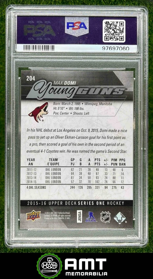 97697060 2015-16 Upper Deck #204 Max Domi Young Guns RC Arizona Coyotes PSA 10 - Image 2 of 3