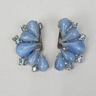 Vintage Blue Milk Glass AB Rhinestones Silver Tone 1" clip-on earrings estate