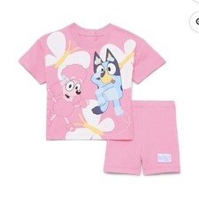 Bluey Girls Pink 2pc Cotton Graphic Ribbed Tee  Shorts Set 0-3M