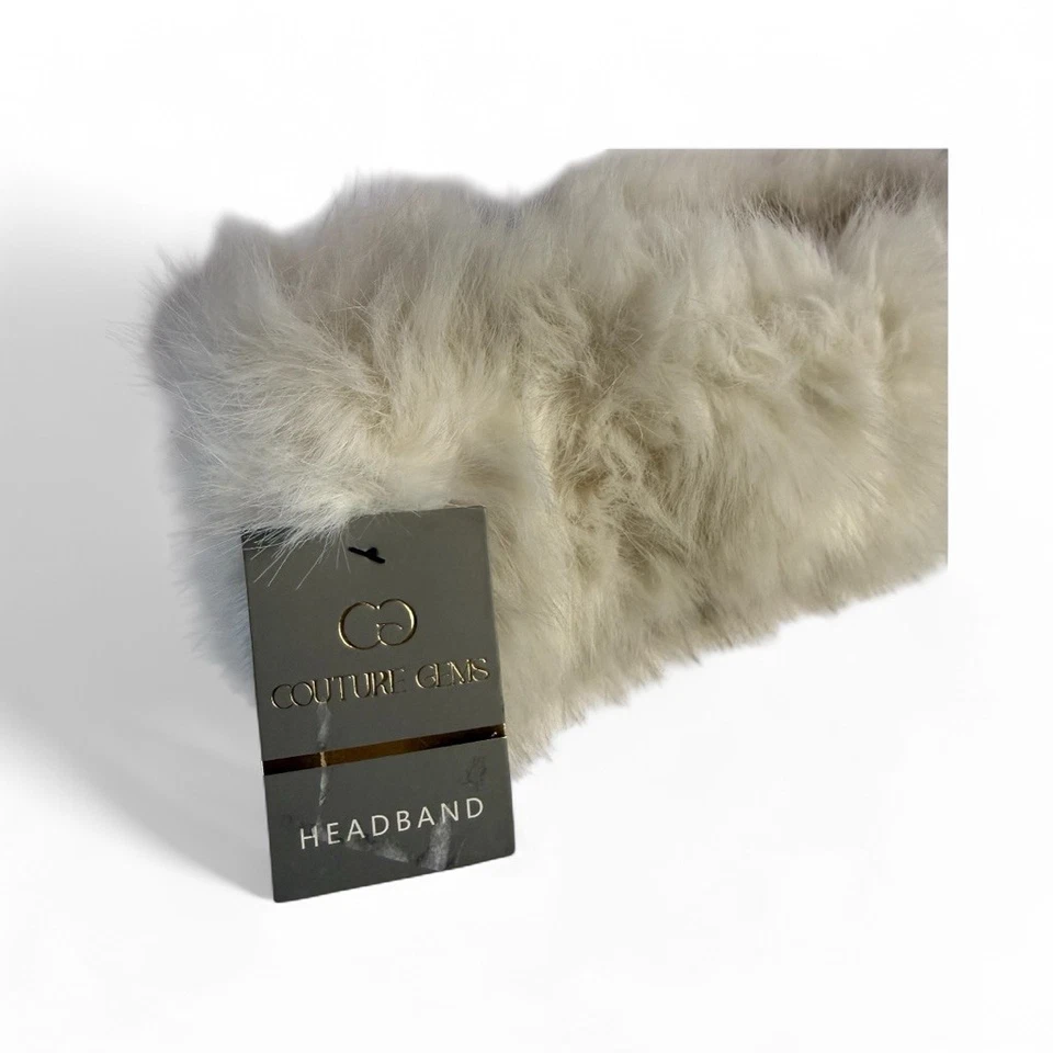 New Women's Couture Gems White Faux Fur Ear Warmer Headband Elastic Back Stylish - Image 3 of 4