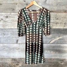 Geometric Y2K Baby Doll Dress XS/S Brown Teal Stretch Puff Sleeve Boho Fairy