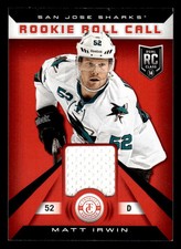 2013 PANINI TOTALLY CERTIFIED MATT IRWIN RR-MI NRMT RC ROLL CALL JERSEY SHARKS