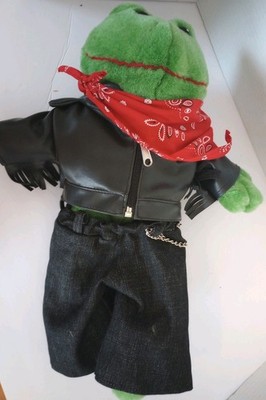 Motorcycle Frog 17'' plush  has jacket, chains, necklace: retro motorcycle frog