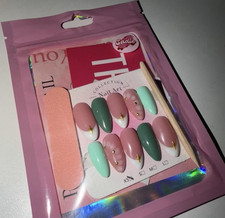 Press-On Nails Almond Medium Pink Green White Shiny Pre-Designed
