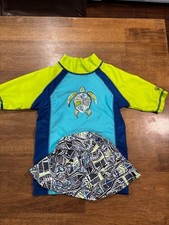 UV SKINZ Boys 2 Piece SURFBOARD/TURTLE Swim HAT/TOP Set BLACK/TURQ 5 NWOTD