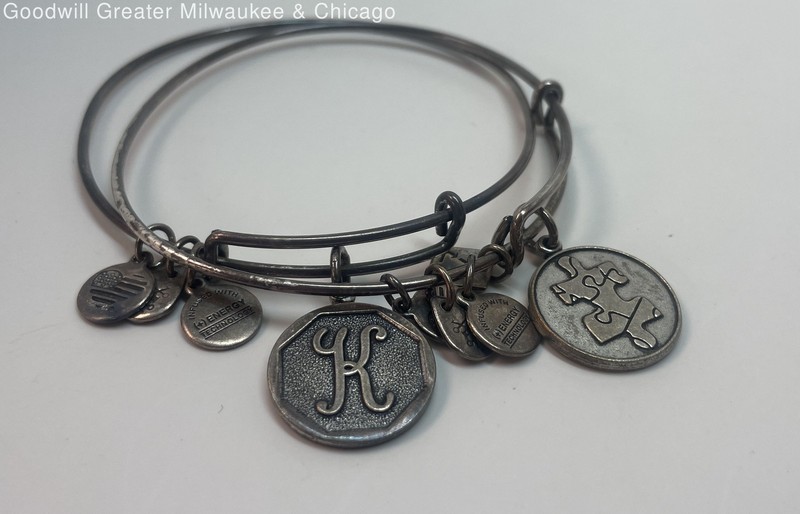 (2) Alex & Ani Silver Tone Initial K & Puzzle Charm Adjustable Bangles 22.6g