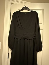 Shein NWOT Black Wrap Dress Plus Sz 1X Ruched/Smocked Waist Long Slv Flattering