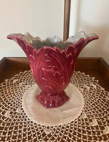 Vintage Red Wing Pottery #1096 Acanthus Leaf Vase - Burgundy /Teal Glaze - 1940s