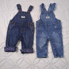 2 OshKosh B’Gosh Baby Girls Denim Overalls Size 6 Months Cuffed Flowers Floral 