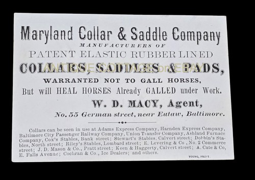 1880s antique MARYLAND COLLAR & SADDLE CO eutaw baltimore CARD ad horse C D MACY