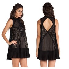 Free People Womens L Black Angel Lace Mini Dress Open Back Cotton Boho